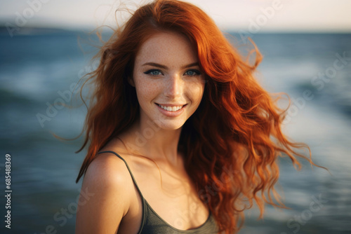 Smiling beautiful red-haired woman on sea