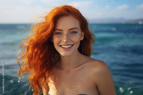 Smiling beautiful red-haired woman on sea