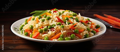Tasty rice dish with peas, carrots, and peppers.