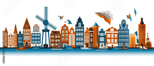 Netherlands Famous Landmarks Skyline Silhouette Style, Colorful, Cityscape, Travel and Tourist Attraction