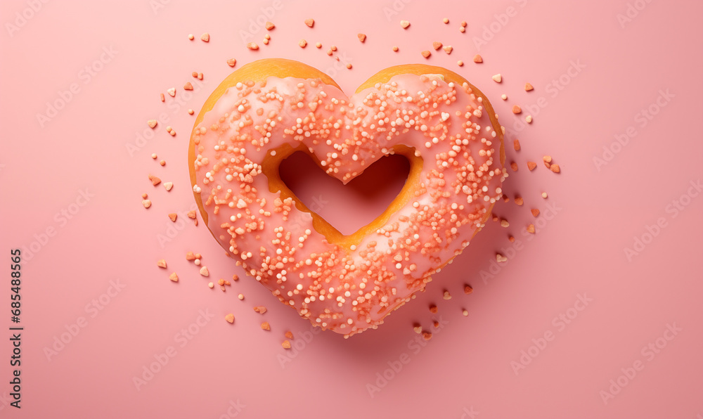 heart-shaped donut with pink frosting on a soft pastel pink background. Design for bakery, Valentine's Day heart-shaped donut with pink frosting on a soft pastel pink background. Design for bakery, Valentine's Day