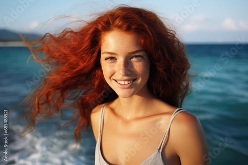 Smiling beautiful red-haired woman on sea © Veniamin Kraskov