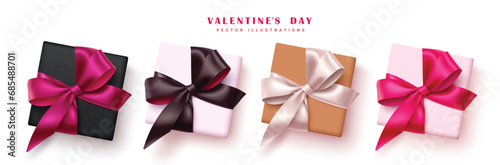 Valentine's day gifts box vector set design. Valentine's day gift wrapped with bow tie ribbon decoration elements collection in white background. Vector illustration romantic surprise gift boxes 