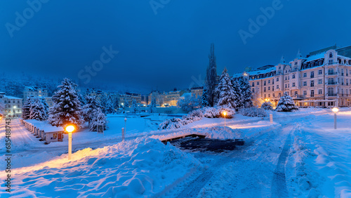 Center of the small west bohemian spa town Marianske Lazne (Marienbad) in winter - early morning photography with snow - Czech Republic