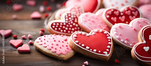 Valentine's Day sugar cookies decorated with heart-shaped icing.