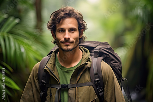 Portrait of a man with backpack hiking in rainforest © Aleksandr Bryliaev