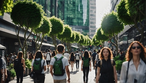 A bustling car-free city with tall buildings and people walking on a tree-lined street. Low carbon footprint. 