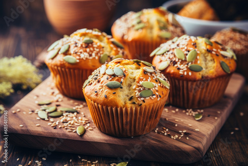 Close-up of healthy muffins with seeds on wooden table