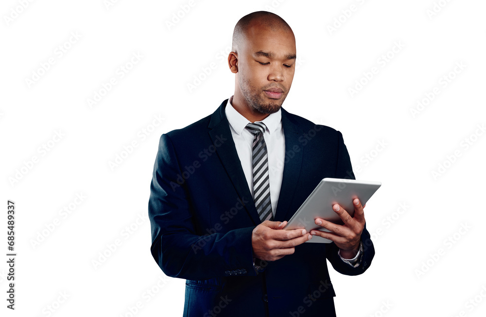 Businessman with tablet, reading email and isolated on transparent png background for law firm schedule. Networking, digital app and black man, lawyer or attorney at online business, web or search.