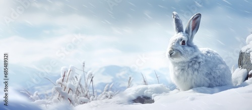 White-furred Mountain Hare in winter snow. photo