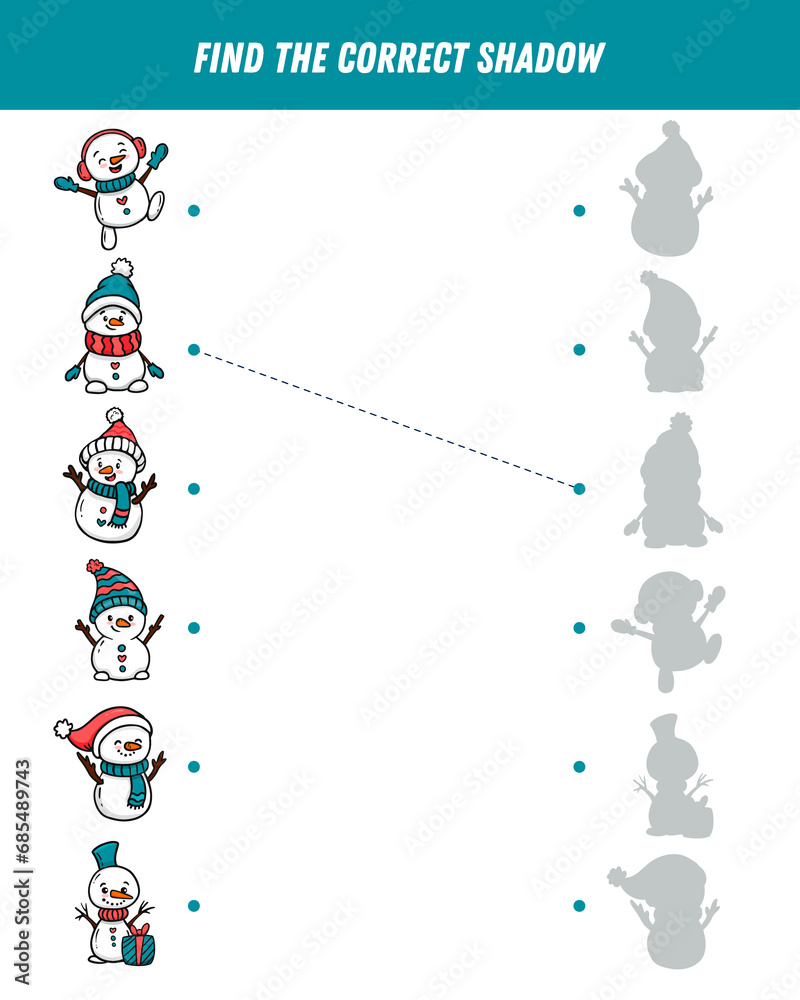Fototapeta premium Find correct shadow of cartoon snowman. Educational logical game for kids. Christmas game. 