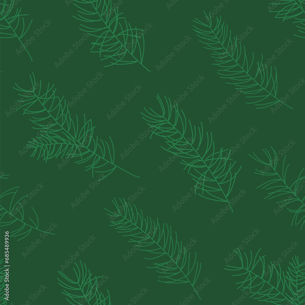 Christmas holiday traditional decoration. Pine fir tree branch green simple minimalistic. Hand drawn pattern vector illustration. Surface design home fabric stationery gift party
