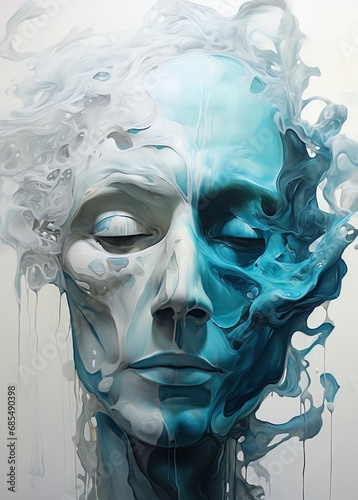 painting of a woman s face with eyes closed covered in blue liquid