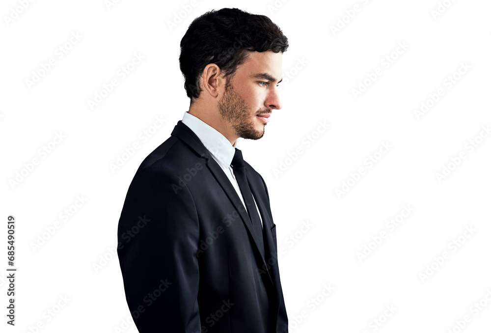 Profile, businessman and thinking of idea, future and investment for financial growth. German person, male manager or boss in formal, suit or clothes on isolated or transparent png background fashion Profile, businessman and thinking of idea, future and investment for financial growth. German person, male manager or boss in formal, suit or clothes on isolated or transparent png background fashion