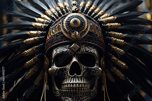 a skull wearing an indian headdress on black background