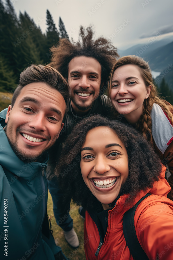 Group of happy travellers making selfie in the mountains