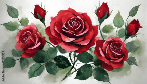 Red rose on white background. Watercolor