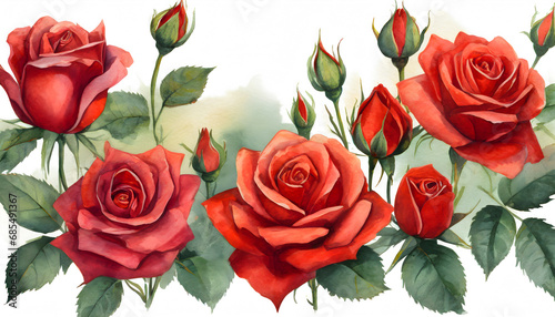 Red rose on white background. Watercolor