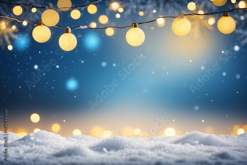 Snowdrift and defocused Christmas lights. Festive Christmas natural snowy landscape. Snow background with Copy space. © StockArtEmpire.AI