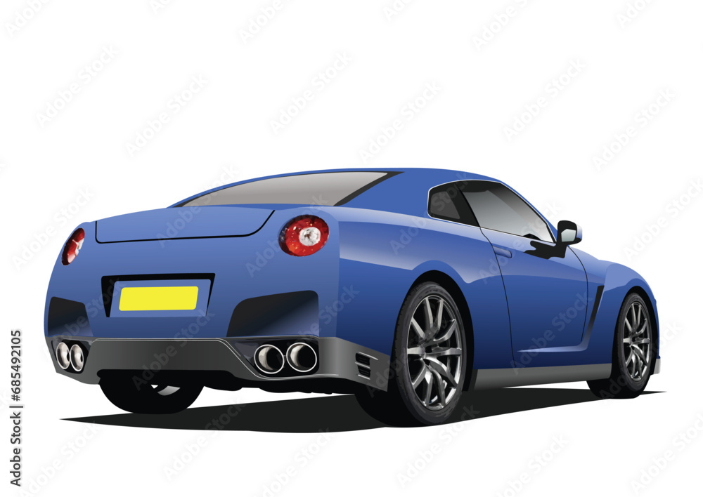 Blue car coupe on the road. 3d vector color illustration