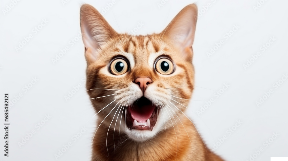 Portrait of red surprised Cat, Looking in camera on Isolated white background, front view. Funny face with open mouth