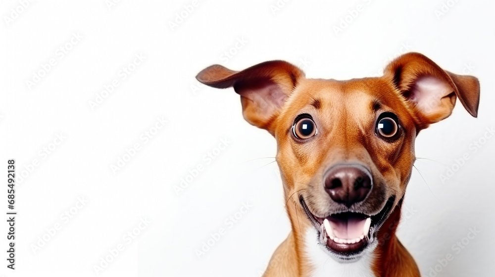 Portrait of red terrier dog with surprised face on isolated white. Copy space for text