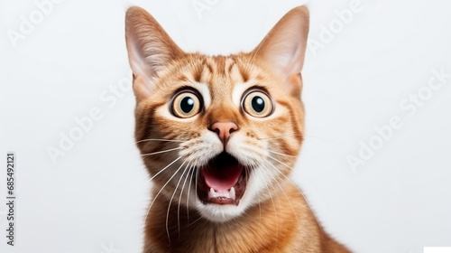 Portrait of red surprised Cat, Looking in camera on Isolated white background, front view. Funny face with open mouth © lelechka