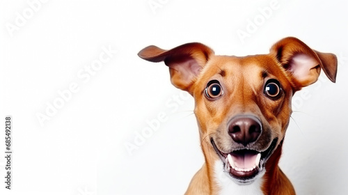 Portrait of red terrier dog with surprised face on isolated white. Copy space for text