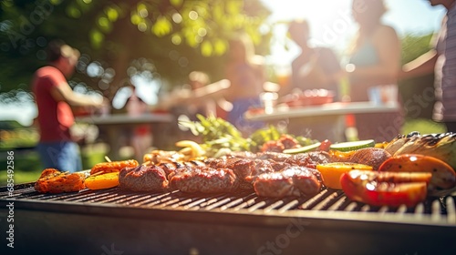 Grilled food and meat on barbecue with people celebrating picnic outdoors