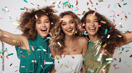 Three Cute Women Celebrating with Confetti on White Background