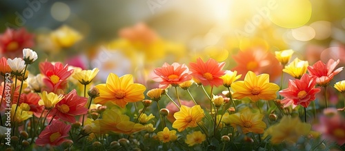 The blooming yellow and red flowers  green nature  and shining sun make a stunning sight.