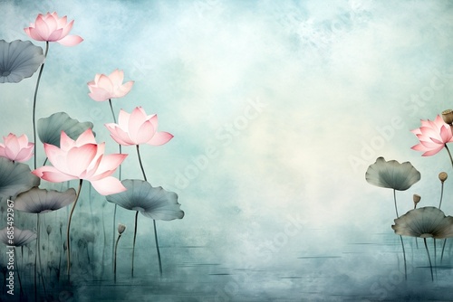 Fototapeta Naklejka Na Ścianę i Meble -  Pink lotus flowers and lily pads in water on a misty day, meditation watercolor landscape background digital illustration in classical Asian style