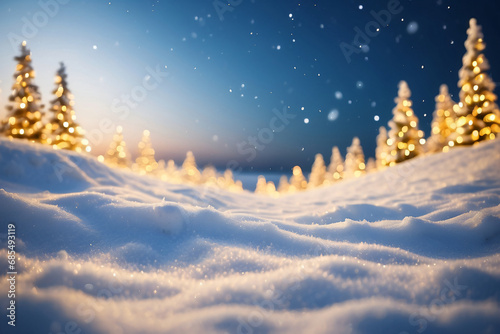 Snowdrift and defocused Christmas lights. Festive Christmas natural snowy landscape. Snow background with Copy space.