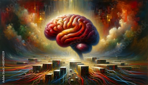 AGI concept. Colourful painting of giant floating brain connected to technology photo