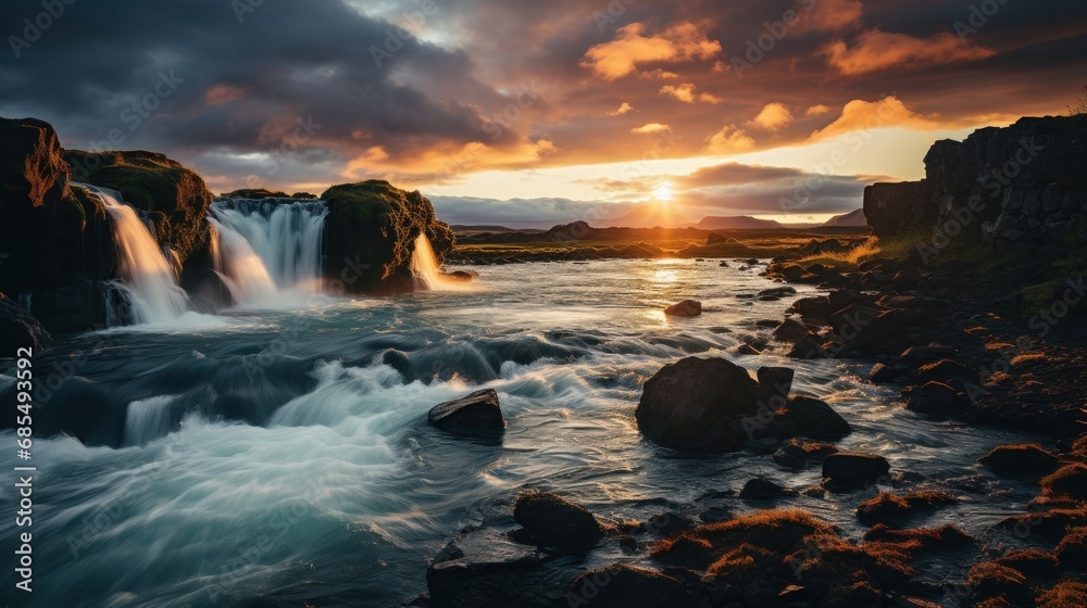 Majestic mountain cliff reflects tranquil sunset, flowing water. Generative AI Majestic mountain cliff reflects tranquil sunset, flowing water. Generative AI