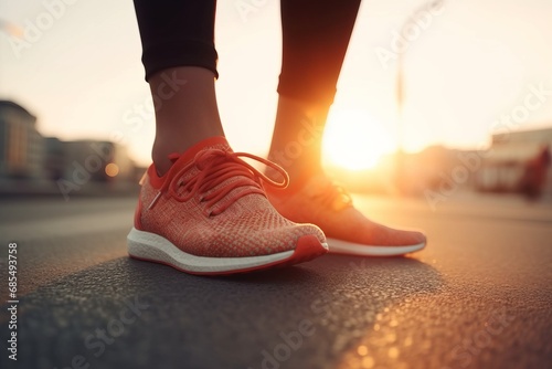 Close-up of women legs and feet in sneakers  engaged in sport  running  walking or hiking. The urban city street sunrise or sunset landscape background  active and healthy lifestyle concept.