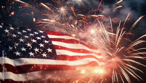 US American Flag With Fireworks Background. Patriotic. Independence Day. Backdrop. Wallpaper. Happy New Year