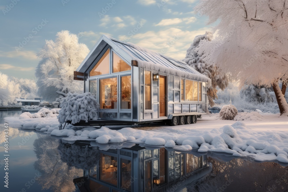 Winter Charm of a Snow-Enveloped Modern Glass House Reflecting in a Frozen Pond