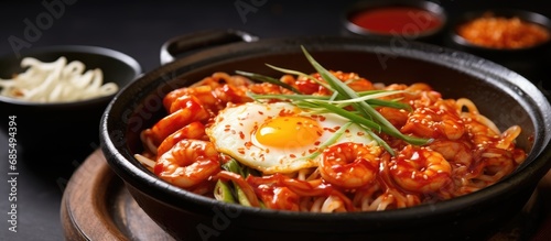 Spicy Korean sauce with instant noodles and tteokbokki, traditional cuisine.