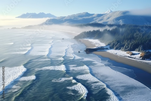 Aerial View of Misty Surf Waves on a Snowy Beach with Mountain Range in the Distance
