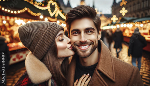 Two happy 36-year-olds, a woman kissing the man on the cheek and the man smiling. Background of Christmas fair 