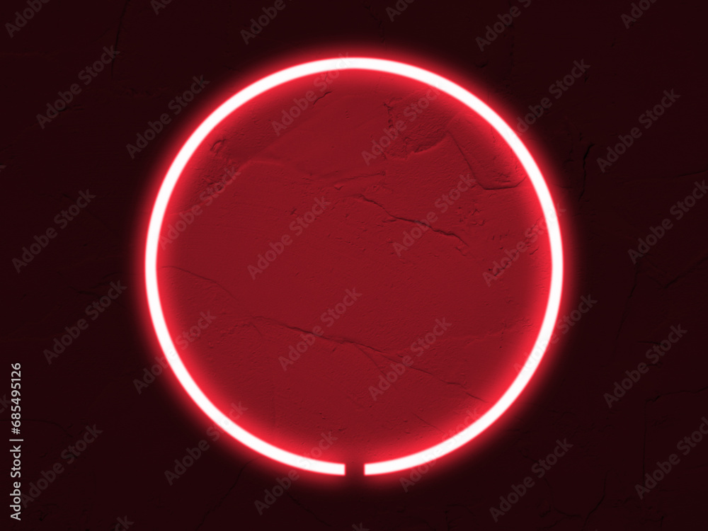 Dark cement wall background, red neon light and circle shape with square banner.
