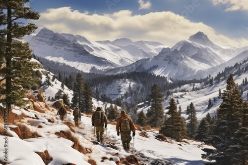 Two Hikers Trekking through a Snowy Alpine Landscape with Majestic Mountain Peaks Ahead, Men Hunting