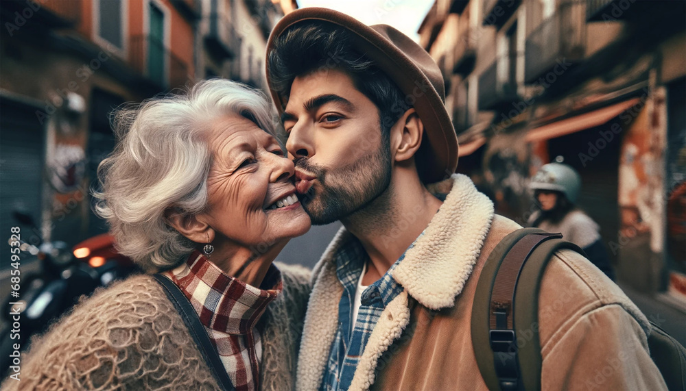 2 happy 36 year olds, a woman kisses a man on the cheek. Both are smiling in a street fair background in autumn attire.