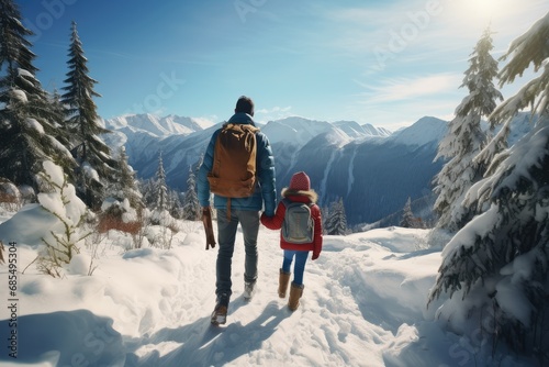 Heartwarming Winter Scene of a Parent and Child Walking Hand in Hand Through a Snowy Mountain Trail Surrounded by Pine Trees and Breathtaking Alpine Views