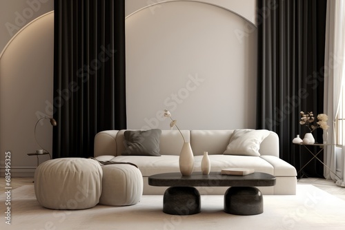 Contemporary Minimalist Living Space with a Large Comfortable Sofa, Stylish Rounded Ottomans, and Floor-to-Ceiling Curtains, Creating a Serene Urban Oasis