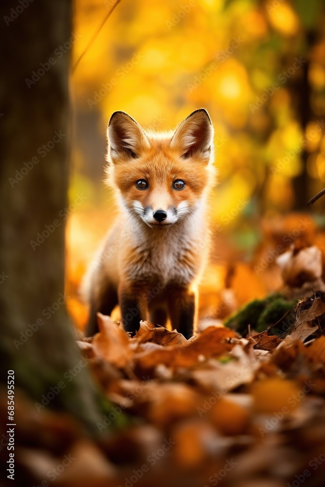 Obraz premium Red fox in the autumn forest. Beautiful wild animal in nature.