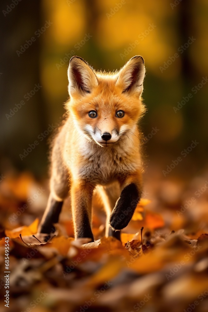 Fototapeta premium Red fox in the autumn forest. Beautiful wild animal in nature.