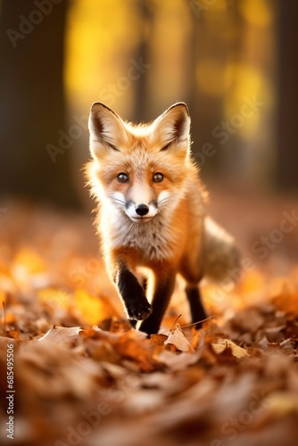 Red fox in the autumn forest. Beautiful wild animal in nature.