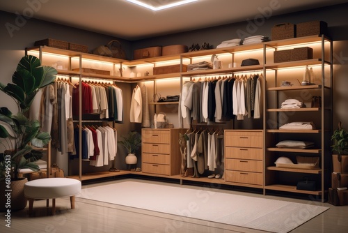 Organized Warmly Lit Boutique Closet  Luxurious Walk-In with Custom Wooden Cabinetry  Integrated Lighting  and A Plush Ottoman